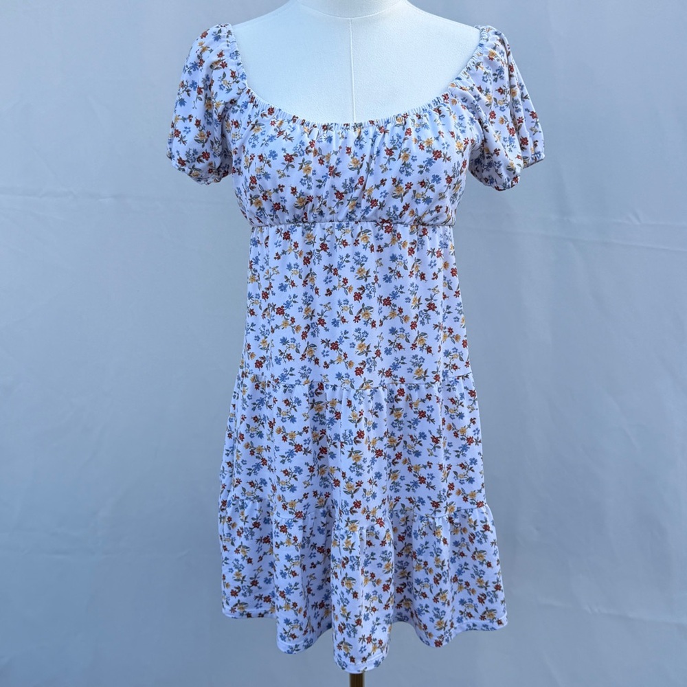 Hollister Dainty Floral Puff Sleeve Mini Dress White XS Cottagecore